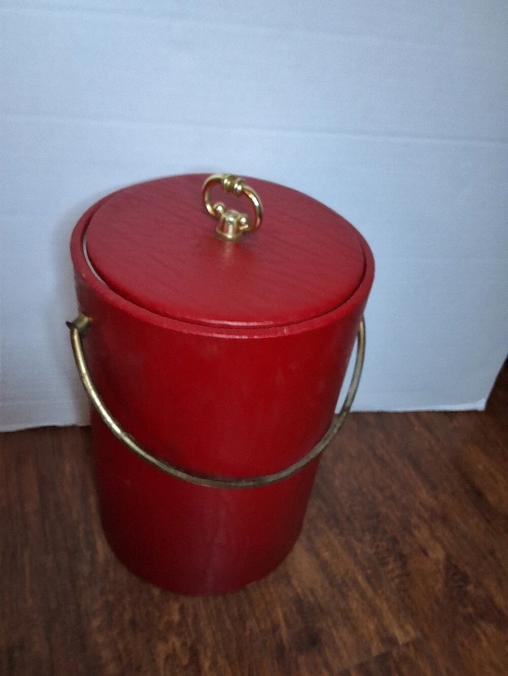 Vintage Georges Briard Red Vinyl Ice Bucket Gold Tone Handle Mid Century Barware
